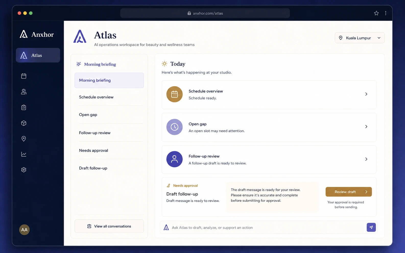 Conceptual Atlas workspace showing a business question, supporting signals, and a reviewable recommendation