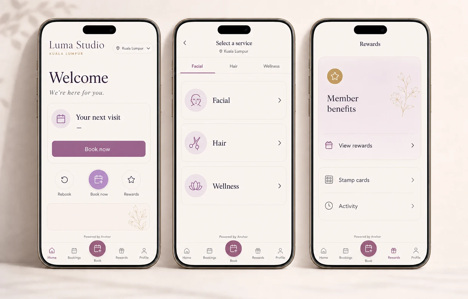 Conceptual branded beauty booking journey with service discovery, appointment details, and loyalty screens
