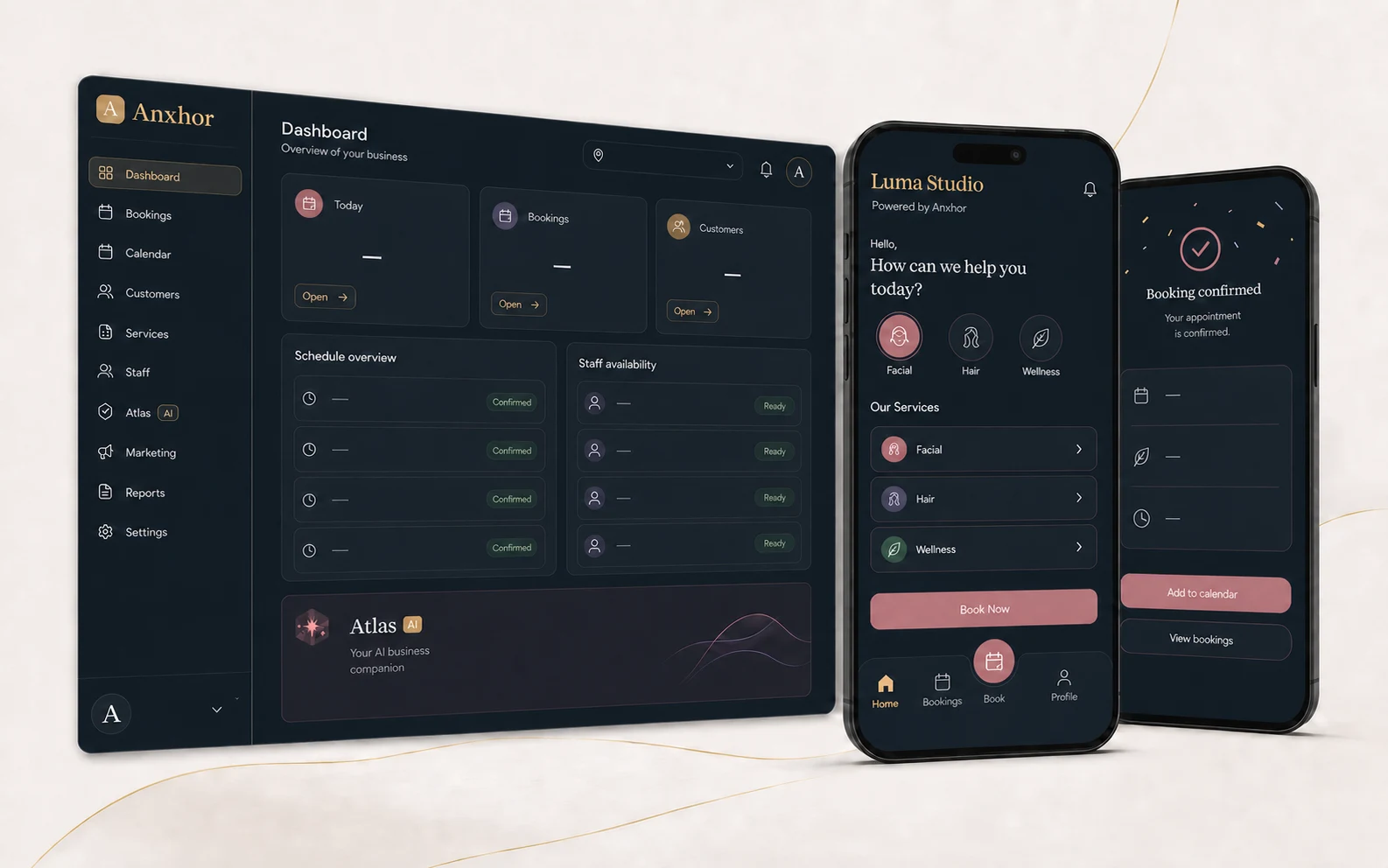 Conceptual Anxhor platform dashboard alongside branded customer booking screens